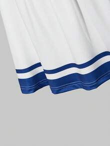 SHEIN ChillGRL Tween Girls Striped & Numeric Print Colorblock T-Shirt With Sporty Cheerleader Skirt 2 Pieces Set, Spring/Summer - Blue and White - View 6