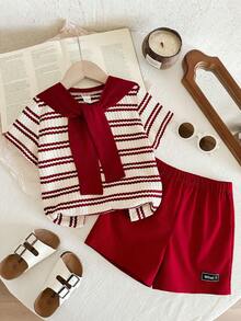 LMoss Kids LMoss  2pcs/Set Young Boy Striped Knit T-Shirt And Shorts Set - Multicolor - View 6