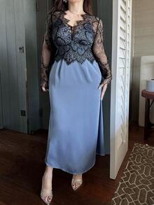 Dazy Plus Elegant maxiklänning med sjöjungfrukant och kontrasterande spets, vår/sommar - Blå - Visa 4