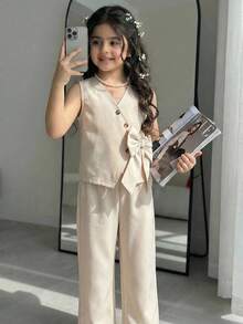 SHEIN Girls 2 Pieces Summer Outfits,Linen Button V-Neck Sleeveless Top And Elastic Waist Pants Set,Retro Casual Style For School,Travel And Outdoor Play - Khaki - View 4