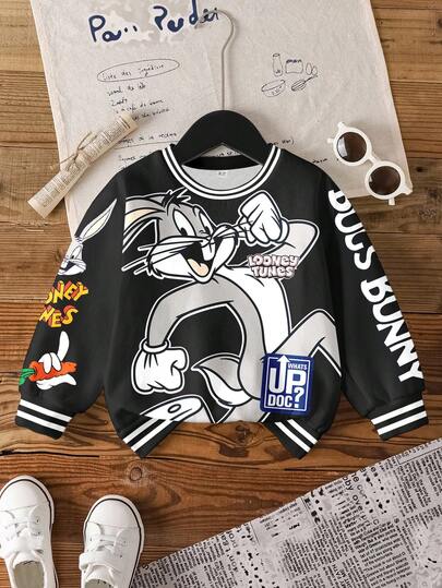 LOONEY TUNES X SHEIN Baby Boy Casual Fashion Street Cartoon Rabbit & Letter Print Contrast Striped Trim Thermal Lined Warm Sweatshirt, Autumn/Winter
