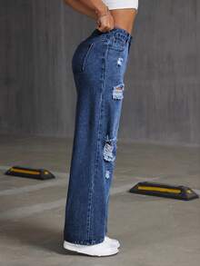 Rivivi Quần jeans nữ dáng suông rách rưới, bạc màu, phong cách thường ngày. - Rửa tối - Xem 3