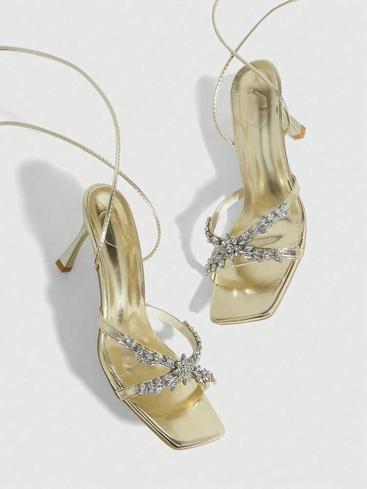 CUCCOO SZL Women's Square Toe Rhinestone Decor Elegant Fashion High Heel Sandals Valentine's Day