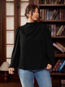 SHEIN Tall CURVE 大码女式褶皱优雅休闲长袖宽松衬衫，适合高个子女性，纯黑色衬衫 - 黑色 - 查看 4