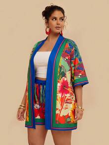 Travachic 大码女式夏季热带印花衬衫短裤两件套，宽松短袖和服式上衣，松紧腰短裤夏季套装 - 墨綠色 - 查看 4