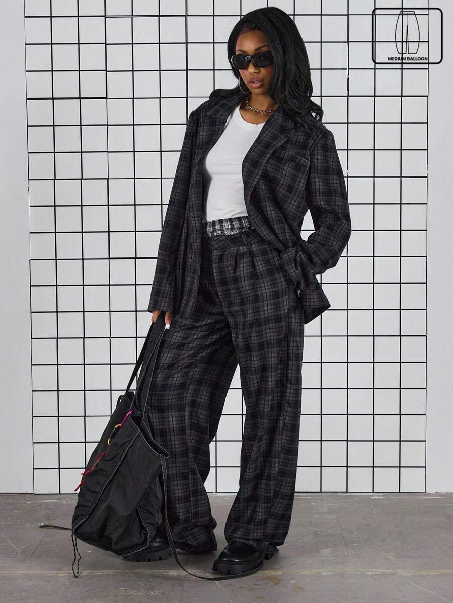 COUREZ Low Rise Mid Balloon Tailored Check Trousers /Y2K Spring Clothes For Women - Blue - View 1