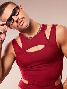 FeverCity 男士纯色圆领无袖镂空修身时尚夏季背心 - 紅色 - 查看 4