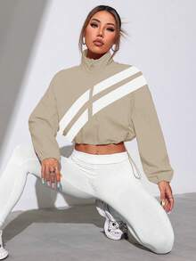 Easithlete 撞色全拉链抽绳下摆运动夹克，春秋季 - 卡其色 - 查看 2