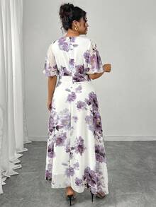 Modelyn Đầm maxi chiffon dáng suông, cổ tròn, tay bồng, ôm sát, chất liệu xếp ly, dành cho nữ cỡ lớn, thích hợp cho mùa xuân/hè. - Màu tím - Xem 2