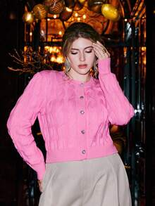 VOLUPTÉ CURVE Plus Size Elegant Textured Pink Knit Cardigan With Metal Button Decor, Slim Fit Short Cardigan, Versatile & Comfortable, Suitable For Commuting And Gatherings Office Chic Knitwear - Pink - View 4
