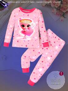 2件套女童可爱咖啡杯卡通图案长裤，心形夜光印花针织弹力柔软舒适长袖打底裤，粉色睡衣套装 - 彩色 - 查看 1