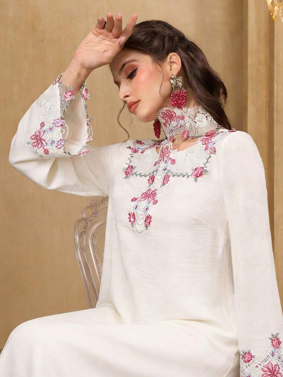 Al Najma Gaun Fashion Longgar Lengan Panjang Chiffon Putih Bordir Terbaru untuk Wanita