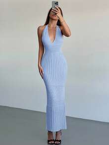 Aloruh 新款钩针编织露背深V领性感度假/约会/休闲针织连衣裙 - 淺藍色 - 查看 8