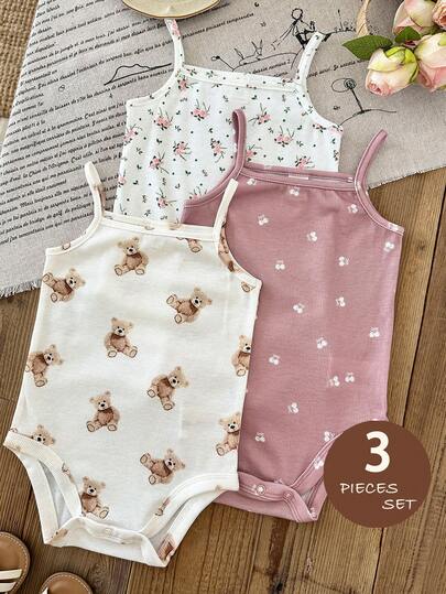 LMoss Kids 3pcs Baby Girl Casual Soft Elastic Knit Solid Color Bodysuit Set, Suitable For Summer Wear
