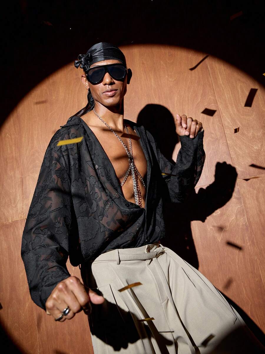 AKNOTIC Business Casual Áo sơ mi nam dài tay dệt kim, hơi xuyên thấu, có chi tiết khoét eo, kiểu dáng thường ngày. - màu đen - Xem 1