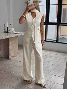 Livesso Damen elegantes ärmelloses, fließendes Top und lässige Hose Zweiteiler, geeignet für Sommer Urlaubs-Loungewear für Frauen - Beige - Übersicht 6