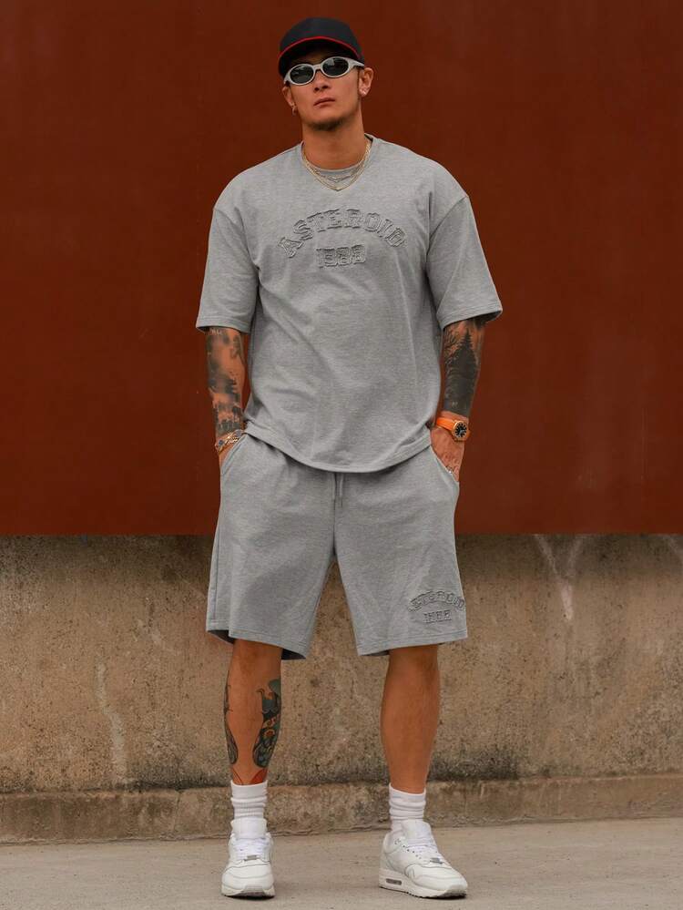 Men's Letter Print Grey Short Sleeve T-Shirt And Shorts Set, Summer