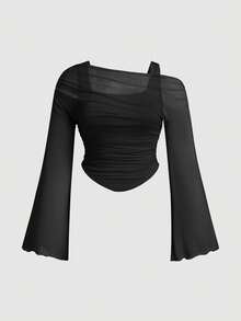 SHEIN MOD 大码女式不对称透视网眼针织 T 恤黑色网眼上衣透明长袖上衣黑色派对上衣 - 黑色 - 查看 1