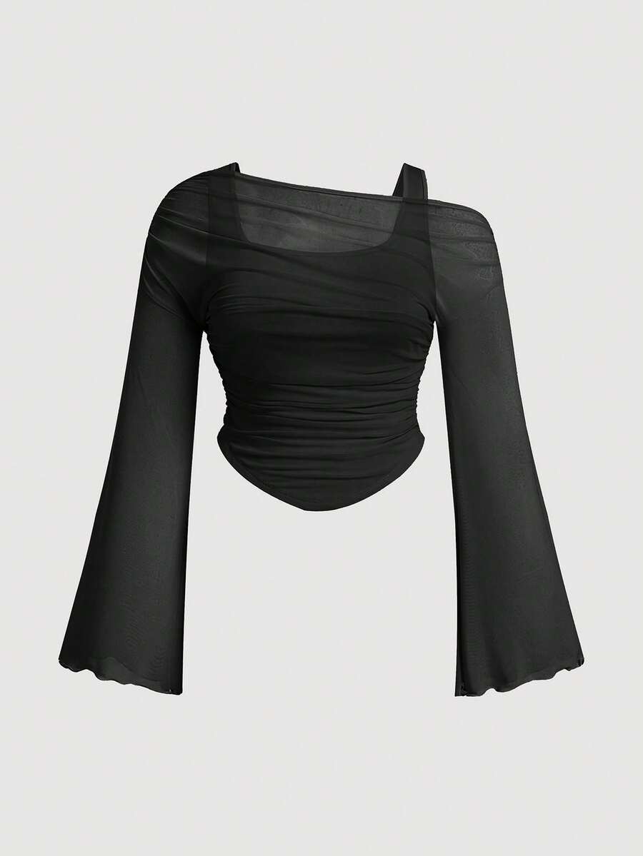 SHEIN MOD 大码女式不对称透视网眼针织 T 恤黑色网眼上衣透明长袖上衣黑色派对上衣 - 黑色 - 查看 1