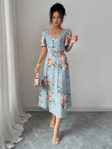 Vestido elegante de mujer con estampado floral, cuello cuadrado y mangas de vuelo ideal para vacaciones - Azul - Ver 6