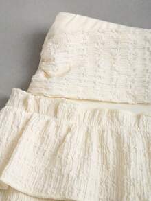 Sweetra 女士休闲度假时尚日常百搭草编珍珠纹理面料多层荷叶边低腰半身裙，春夏款 - 杏色 - 查看 3