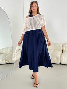 SHEIN Essnce Ple-Size 女士夏季两件套，夏季休闲套装，连衣裙衬衫套装，短袖套装，黑色长款连衣裙两件套 - 藏蓝色 - 查看 5