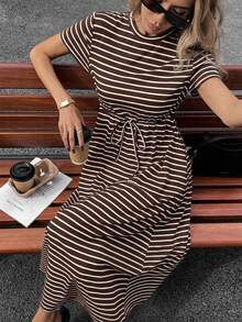 SHEIN Essnce 大码女式休闲连衣裙，短袖连衣裙，条纹连衣裙，女士夏季服装，毕业礼服，外出服装 - 棕色 - 查看 7