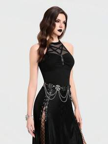 Breakform Áo tank top ôm sát kiểu Gothic gợi cảm dành cho nữ, cổ tròn, khoét rỗng, họa tiết hình thoi, lưới, xếp ly, dây da giả trang trí, khóa kim loại hình chữ D. - màu đen - Xem 4