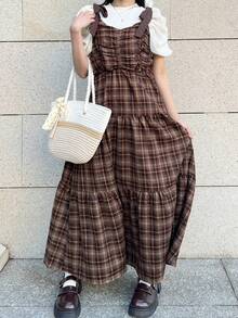 FRIFUL Women's Plaid Minimalist Casual Long Dress Summer - Brown - View 2