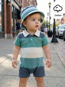 SHEIN Newborn Baby Boy Bright Blue Summer Casual Family Matching Knitted Letter Color Block Romper For Birthday,Wedding,Baptism,Baby Shower & Celebration - Multicolor - View 4