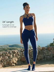 GLOWMODE 24" FeatherFit™ City Steps Buttery-Soft Sweat-Wicking Adjustable Drawstring Waist Peekbum Design No Front Seam Leggings Low Impact Yoga Studio Daily Active Wear - Dark Blue - View 4