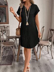 EMERY ROSE 女士V领纽扣短款连衣裙，适合春夏季穿着 - 黑色 - 查看 4