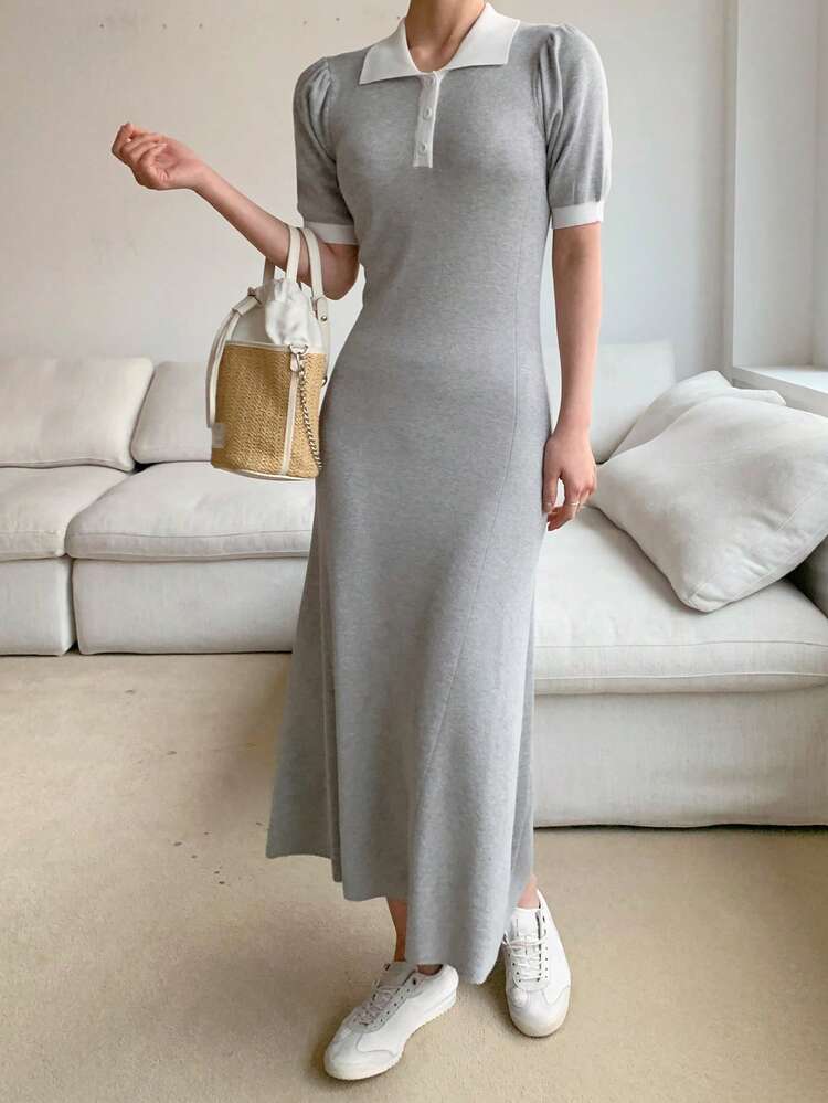 Women's Collared Bodycon Patchwork Colorblock Waist Cinched Elegant Mid-Length Sweater Dress Maxi Dress