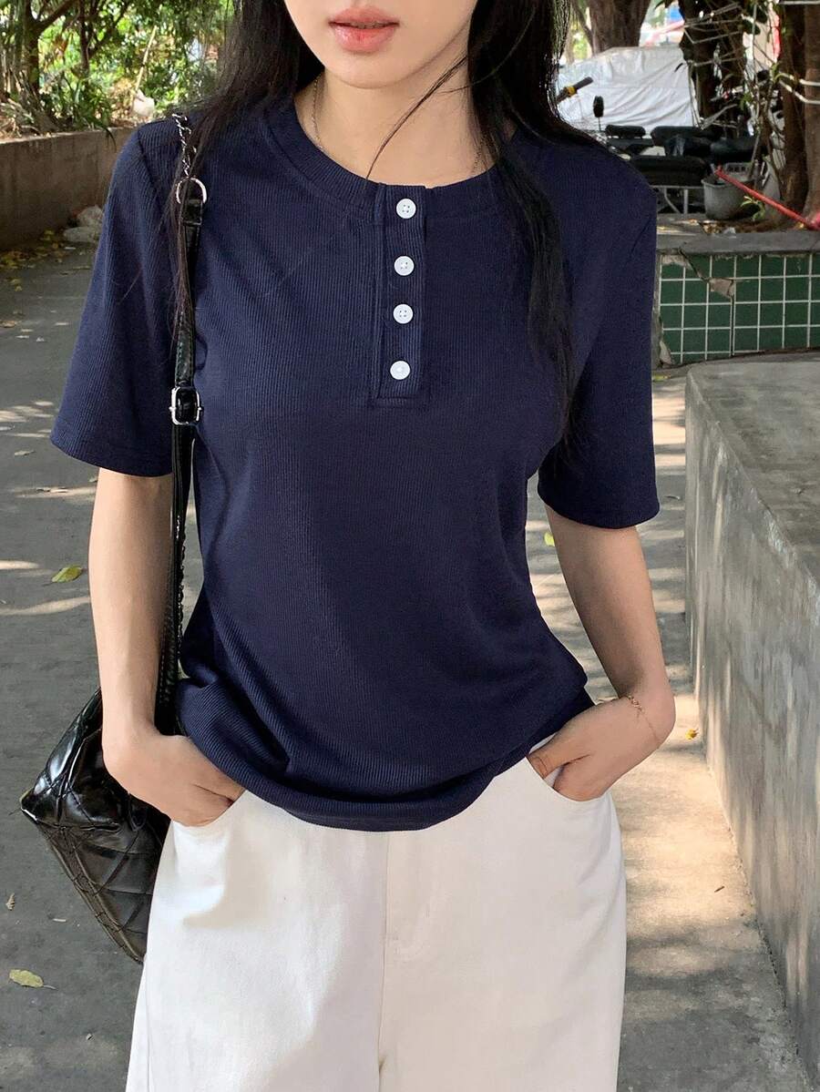 DAZY Áo thun tay ngắn dáng suông, màu trơn, cổ bẻ nửa thân, thích hợp mặc đi làm, mùa xuân/hè. - Màu xanh hải quân - Xem 1