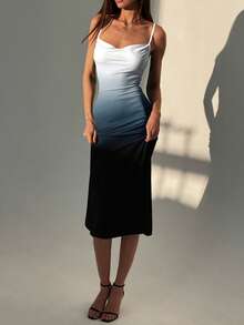 Aloruh 女士垂褶领渐变色修身中长吊带裙 - 藍色 - 查看 3