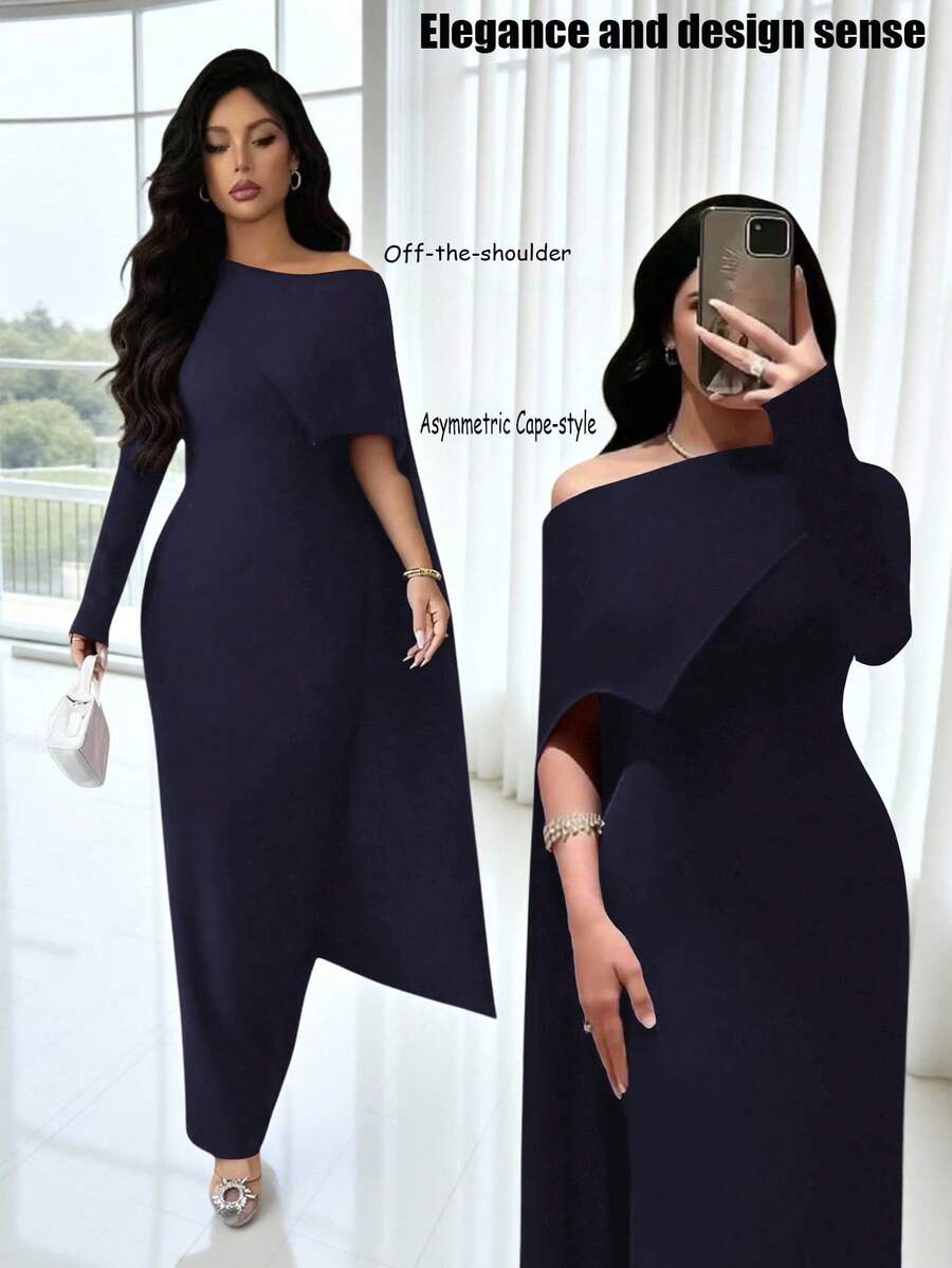 Elenzga Navy Blue Autumn Elegant Dining Asymmetric Shoulder Cape Style Long Dress,Chic Slim Fit One Off The Shoulder Lightweight Formal Gown For Women - Navy Blue - View 1