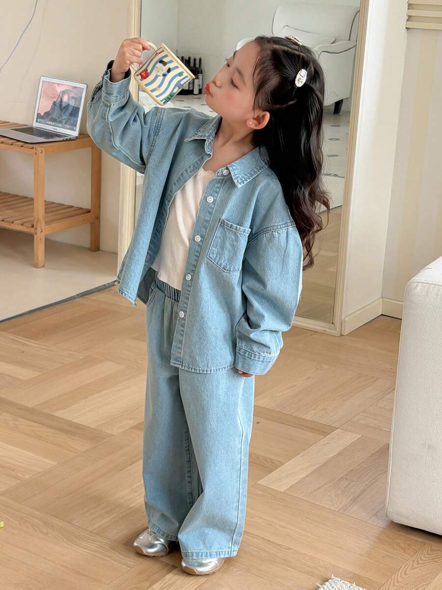 Dazy Kids 年轻女孩落肩长袖单排扣牛仔衬衫搭配牛仔裤休闲装 - 藍色 - 查看 1