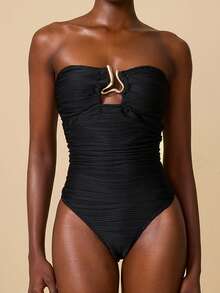 SHEIN Swim Chicsea 女士独特纹理面料优雅不对称金属装饰连体泳衣，度假完美之选 - 黑色 - 查看 4