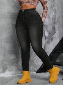 SHEIN SXY 大码女式弹力复古水洗修身牛仔裤 - 黑色 - 查看 3