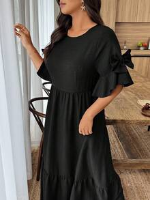 Weeklong Plus Size Solid Color Round Neck Short Sleeve Casual Loose Ruffled Hem Dress - Black - View 4