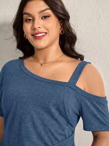 Comfylo Plus Size Solid Color Asymmetric Shoulder Pleated Casual Versatile Summer T-Shirt - Cadet Blue - View 3