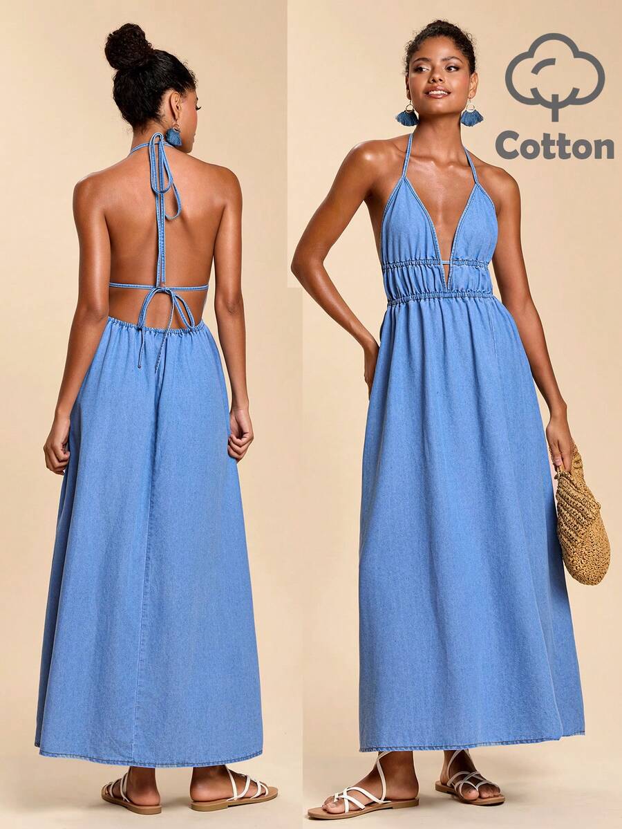 Travachic Women's Light Blue Denim Halter Neck Long Dress, Sexy Backless Summer Vacation Dress, Elegant Skirt - Light Wash - View 1