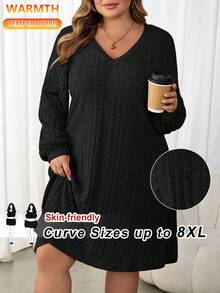 SHEIN CURVE+ Đầm ngắn tay dài cổ chữ V màu nâu, chất liệu dệt kim mềm mại, cỡ lớn dành cho nữ, thích hợp cho mùa thu đông. - màu đen - Xem 9