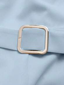 Pariaura 女士冬季法式优雅设计圆领披肩领金属扣腰带修身休闲连体裤 - 淺藍色 - 查看 4