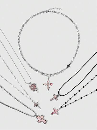 ROMWE Kawaii Gothic Y2K Pink Cross Heart Pendant Chain Choker Necklace For Women Egirl Hip Hop Punk Charms Aesthetic Jewelry EMO Accessories