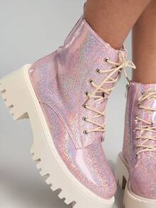 ROMWE Kawaii Europäischer minimalistisch-eleganter Stiefelette mit dickem Absatz, funkelnde rosa Motorradstiefelette für Herbst/Winter, Damenstiefel - Pink - Übersicht 2