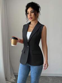 Rafferiza Chic Dark Gray Woven Fabric Sleeveless Blazer For Women Regular Length Lapel Single Button Vest - Dark Grey - View 1