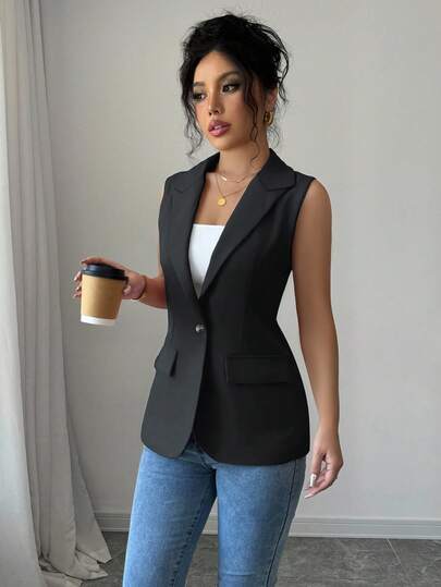 Rafferiza Women's Solid Color Single-Breasted Fashionable Versatile Commuting Casual Suit Vest Jacket Black Blazer Women Black Vest Women Business Casual Woman Top Office Wear Women Business Tops Women