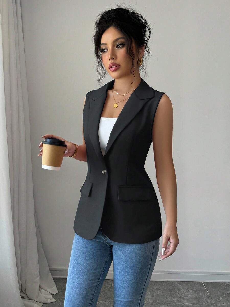 Rafferiza Chic Dark Gray Woven Fabric Sleeveless Blazer For Women Regular Length Lapel Single Button Vest - Dark Grey - View 1