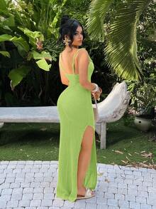 SHEIN SXY Đầm hai dây xẻ cao màu trơn, kiểu dáng thường ngày cho kỳ nghỉ hè. - màu xanh lá - Xem 2